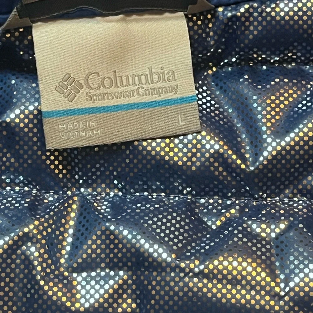 Columbia Men's Large Woodrose Crest Omni-Heat Down Jacket Zipper Pockets Blue